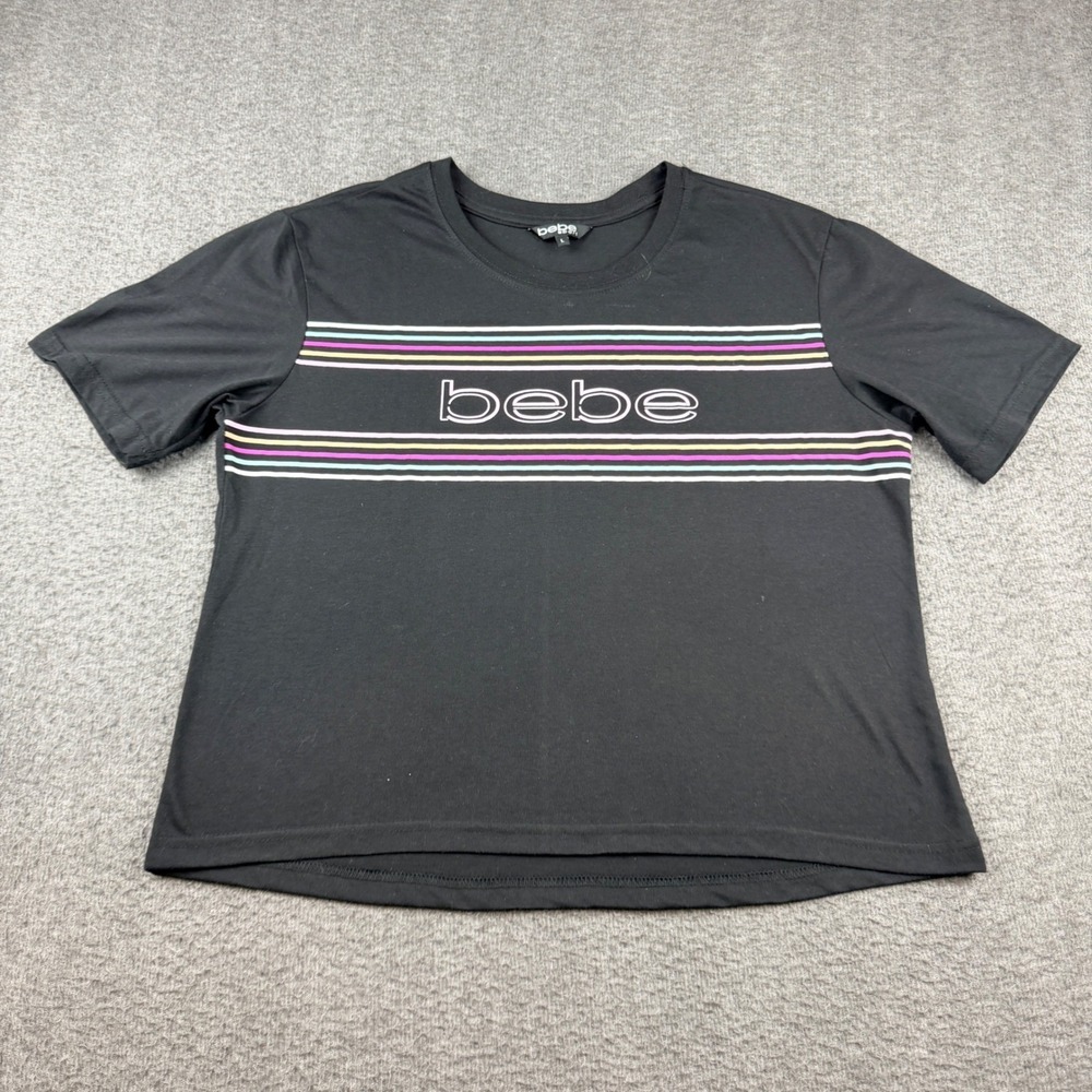 Bebe Sport Women's Large Black Striped Logo Graphic T-Shirt